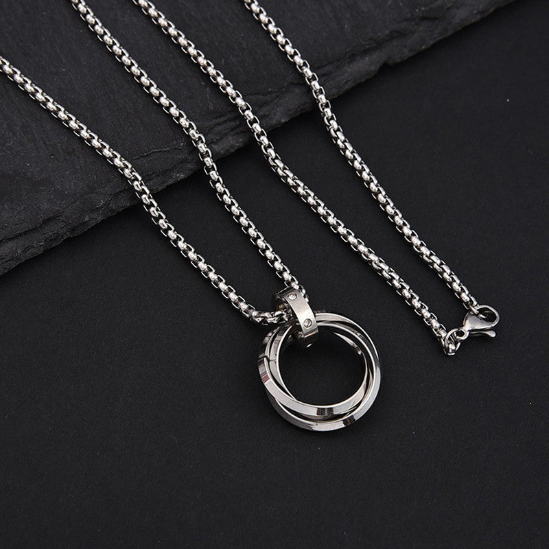 Silver Plated Stainless Steel Anti Tarnish Triple Rings Circular Pendant For Men