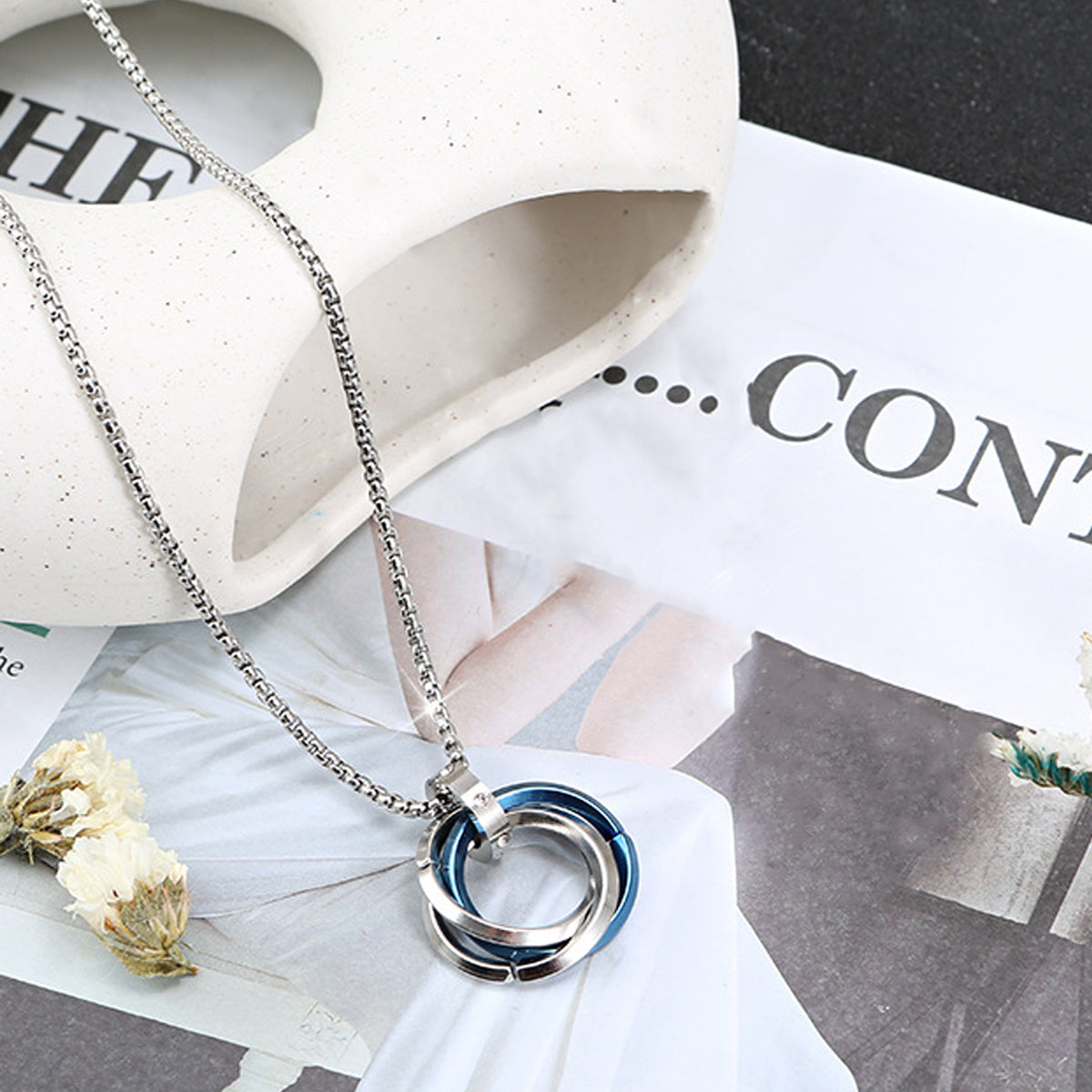 Silver Plated Stainless Steel Anti Tarnish Triple Rings Blue Circular Pendant For Men