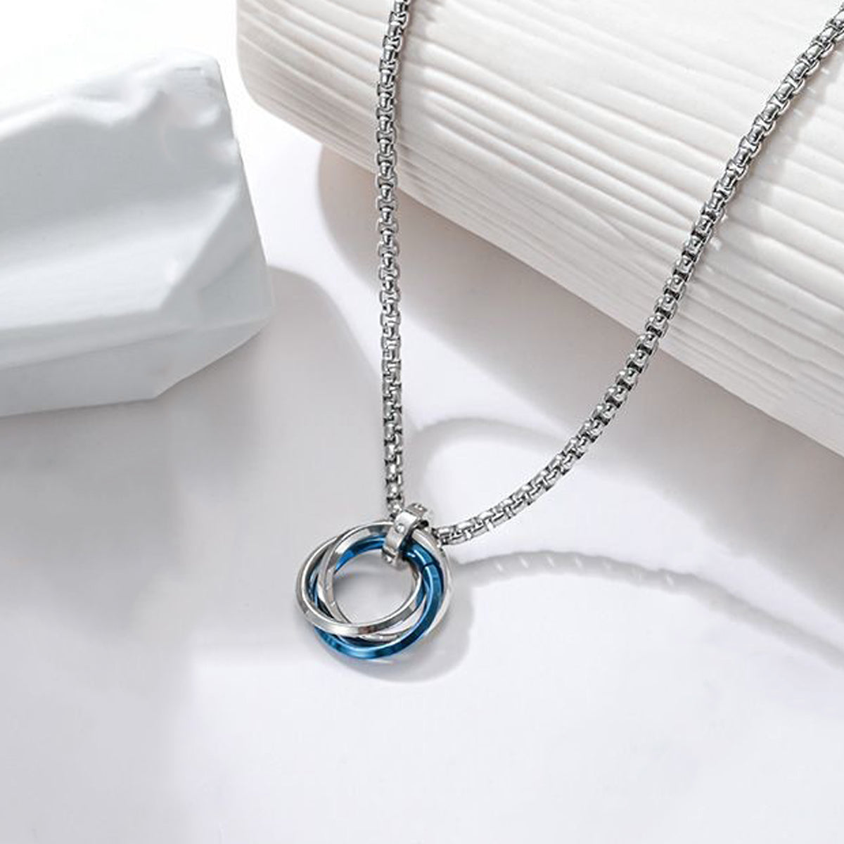 Silver Plated Stainless Steel Anti Tarnish Triple Rings Blue Circular Pendant For Men