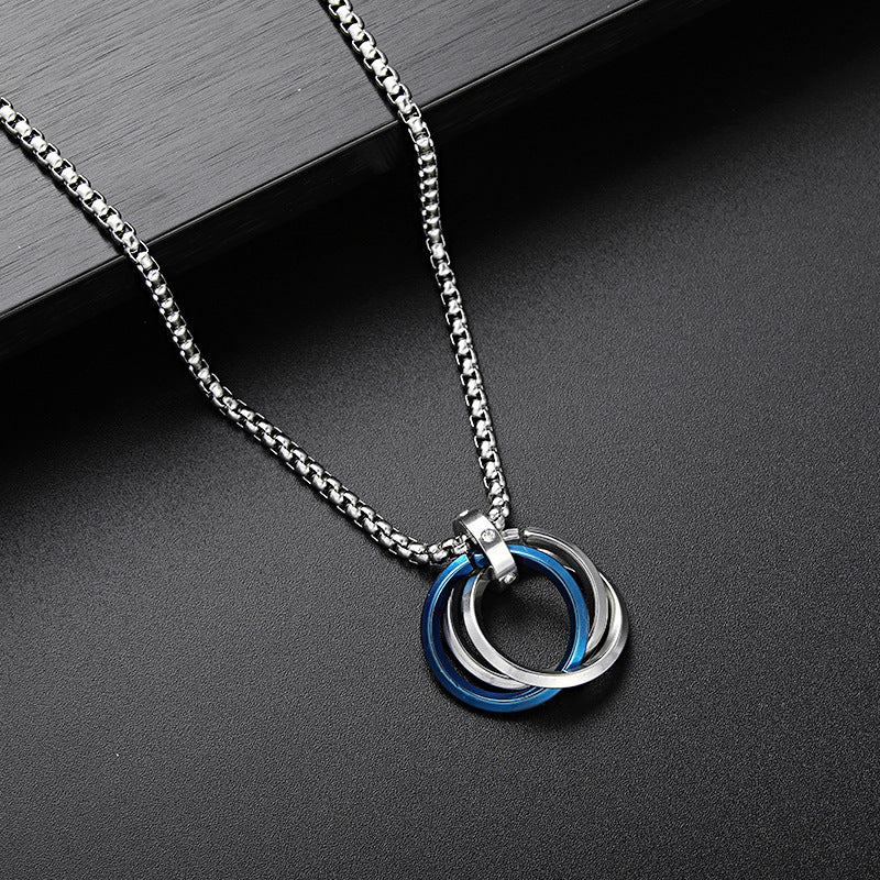 Silver Plated Stainless Steel Anti Tarnish Triple Rings Blue Circular Pendant For Men