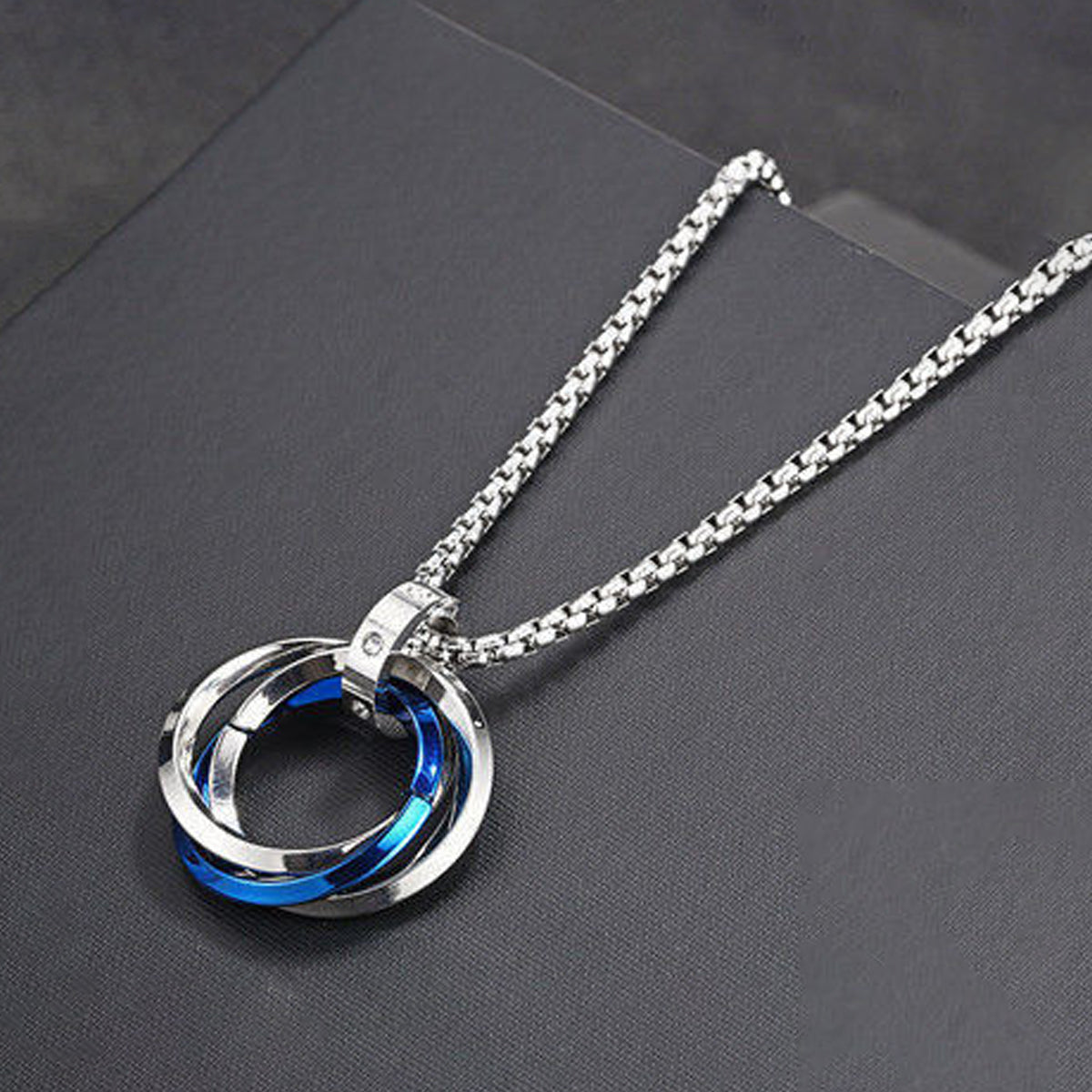 Silver Plated Stainless Steel Anti Tarnish Triple Rings Blue Circular Pendant For Men