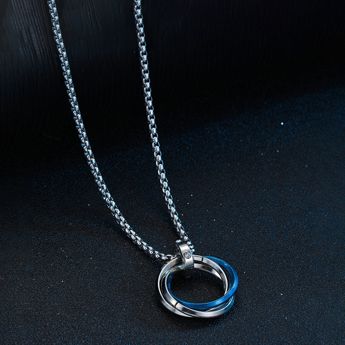 Silver Plated Stainless Steel Anti Tarnish Triple Rings Blue Circular Pendant For Men