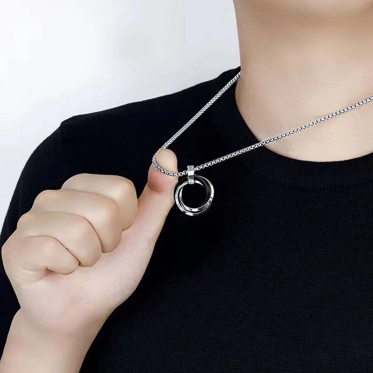 Silver Plated Stainless Steel Anti Tarnish Triple Rings Black Circular Pendant For Men