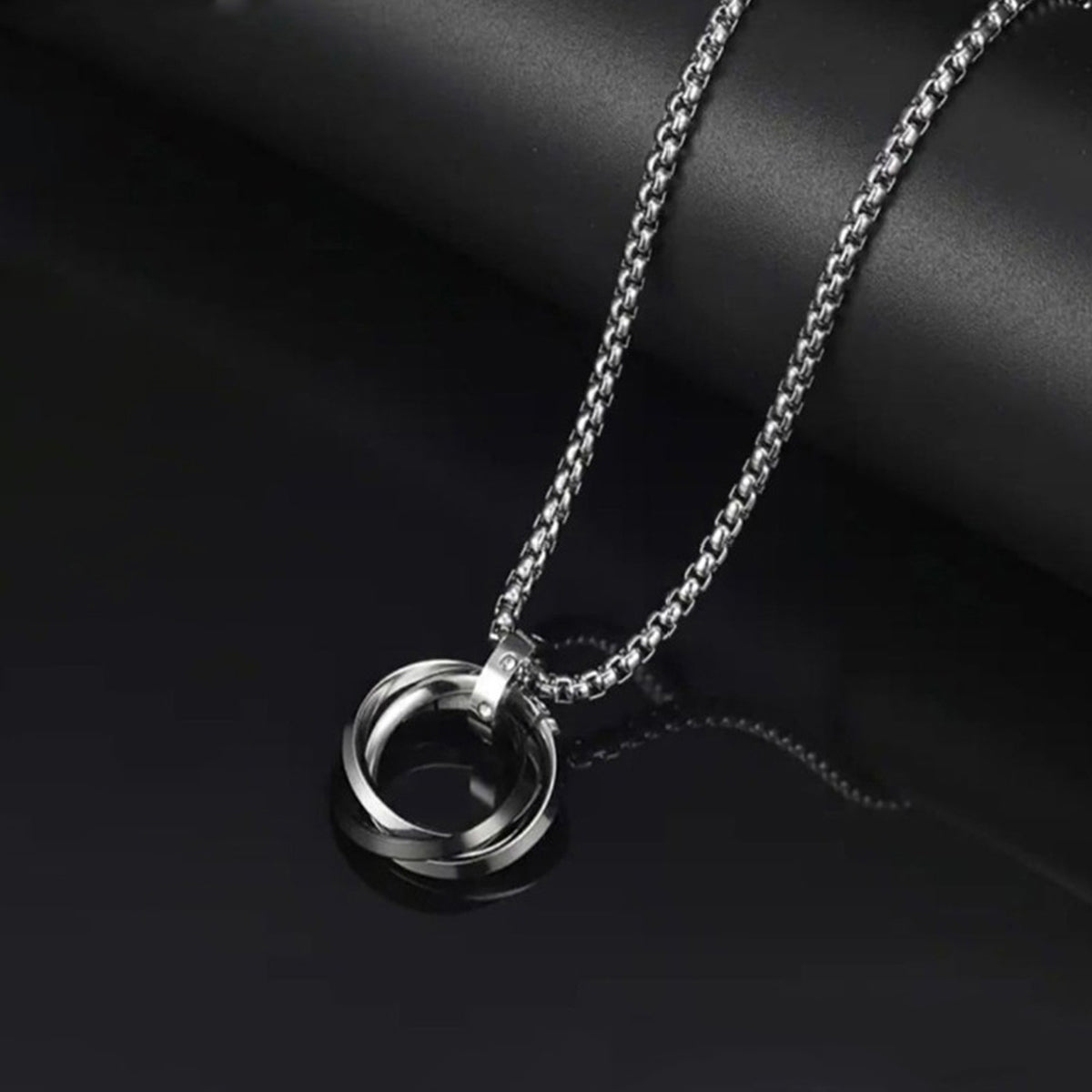 Silver Plated Stainless Steel Anti Tarnish Triple Rings Black Circular Pendant For Men