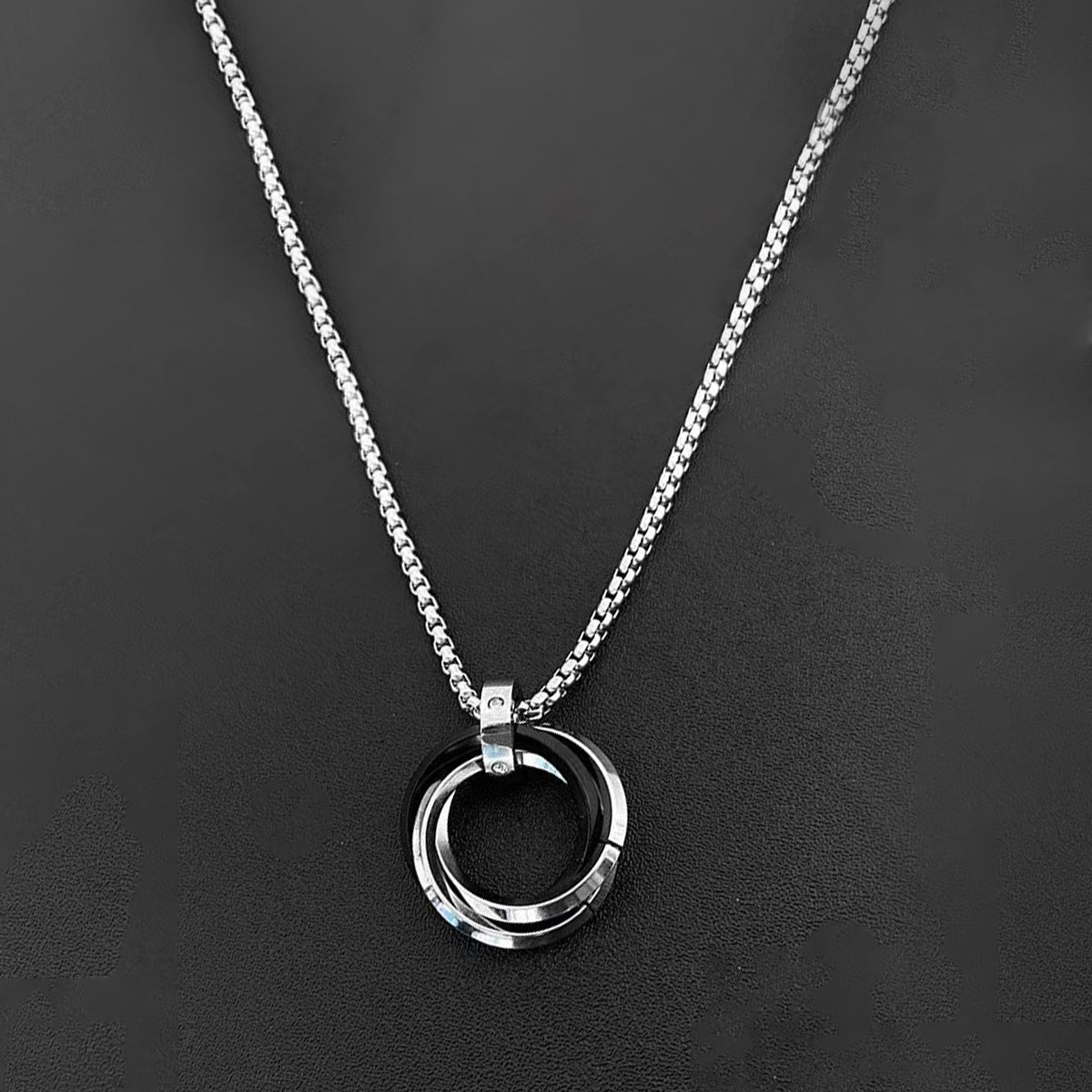 Silver Plated Stainless Steel Anti Tarnish Triple Rings Black Circular Pendant For Men