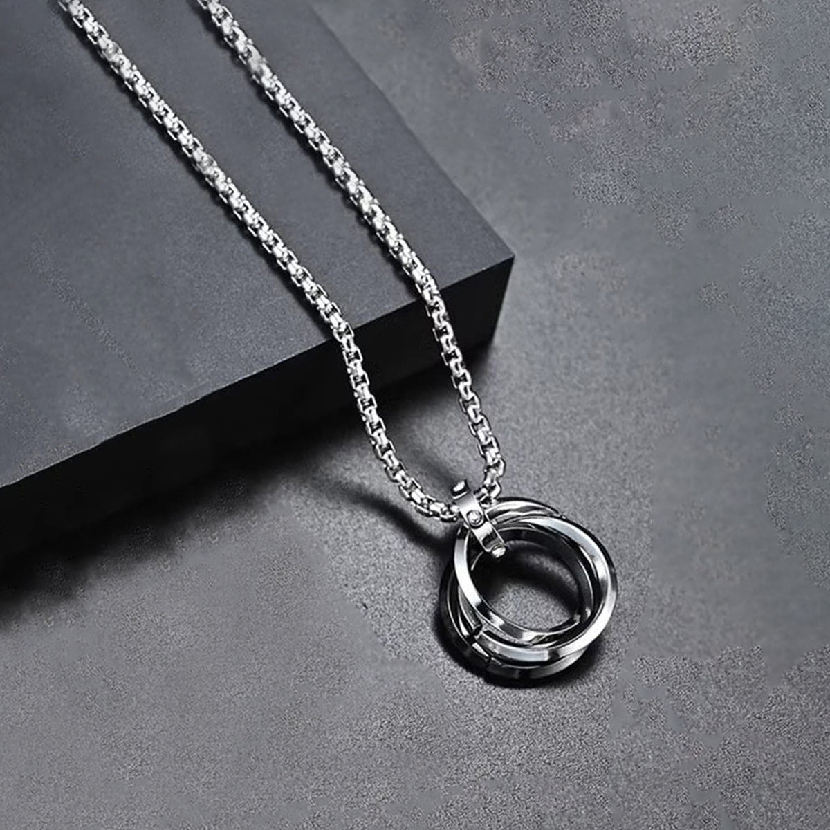 Silver Plated Stainless Steel Anti Tarnish Triple Rings Black Circular Pendant For Men