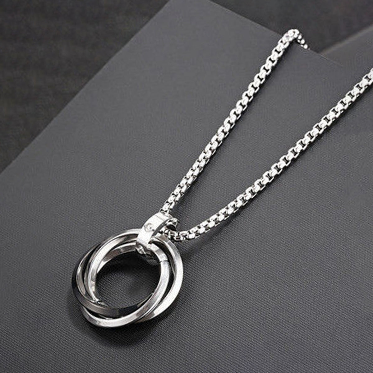 Silver Plated Stainless Steel Anti Tarnish Triple Rings Black Circular Pendant For Men