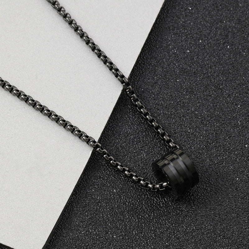 Black Silver Plated Stainless Steel Anti Tarnish Triple Linked Rings Black Circular Pendant