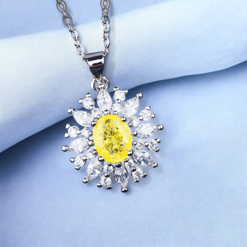 Silver Plated Stainless Steel Anti Tarnish Yellow CZ studded Floral Pendant