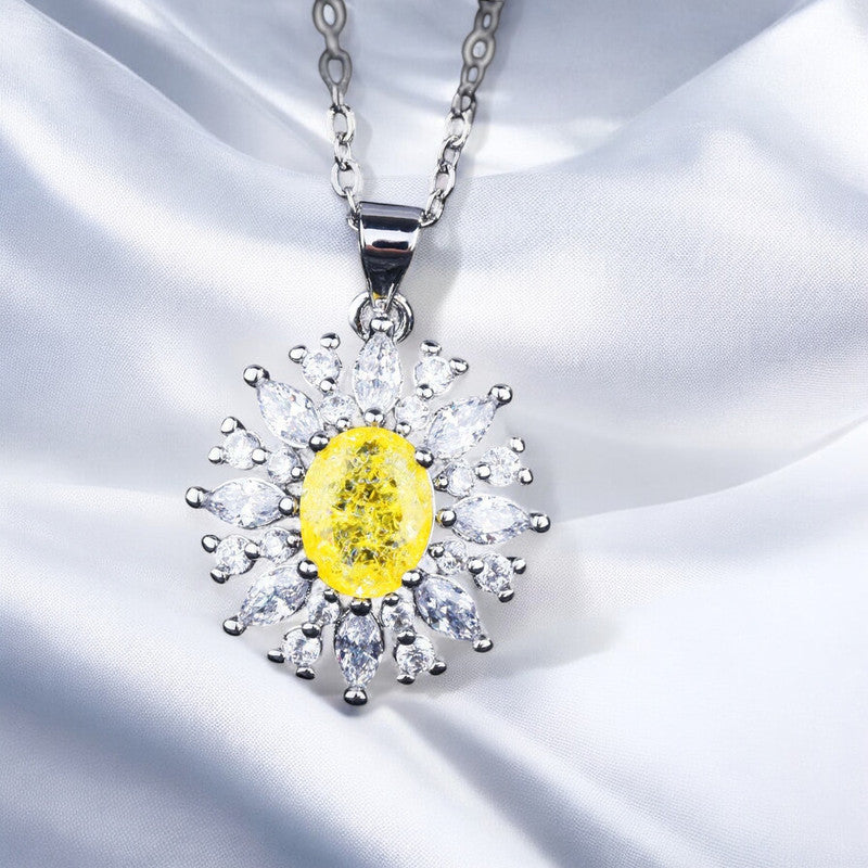 Silver Plated Stainless Steel Anti Tarnish Yellow CZ studded Floral Pendant