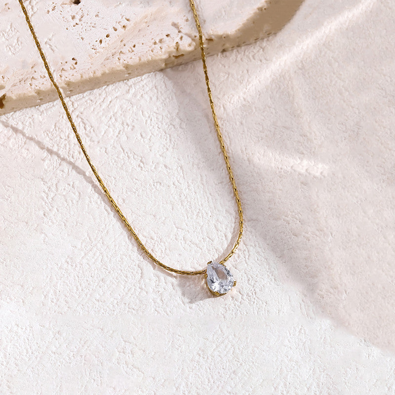 Gold Plated Stainless Steel Anti Tarnish Tear Drop CZ Pendant For Women