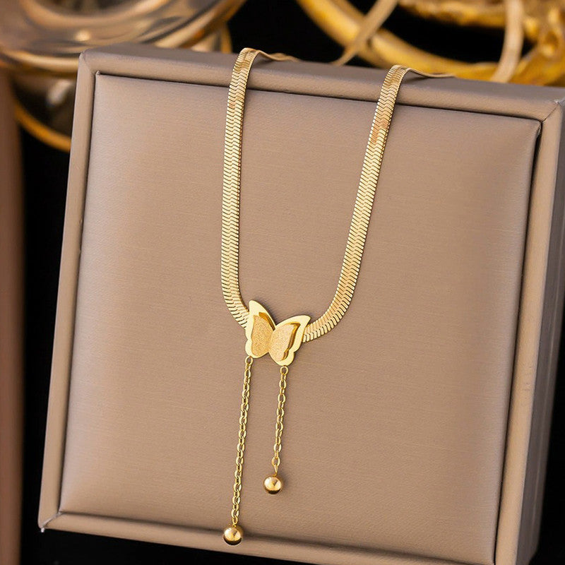 Gold Plated Stainless Steel Anti Tarnish Butterfly Themed Snake Chain Pendant