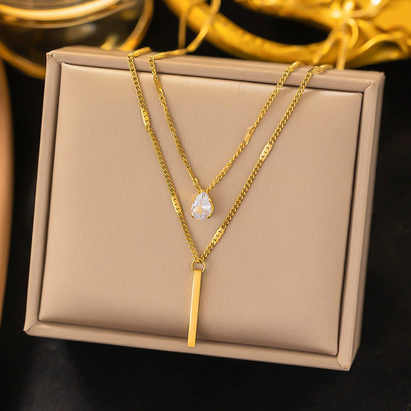 Gold Plated Stainless Steel Anti Tarnish Tear Drop CZ Dual Strand Pendant