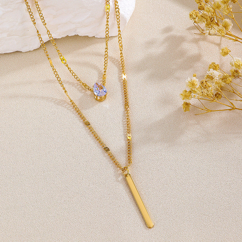 Gold Plated Stainless Steel Anti Tarnish Tear Drop CZ Dual Strand Pendant