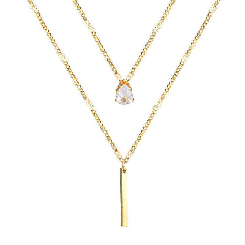 Gold Plated Stainless Steel Anti Tarnish Tear Drop CZ Dual Strand Pendant