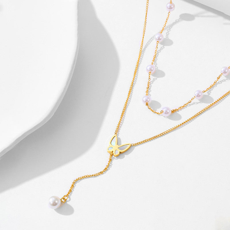 Gold Plated Anti Tarnish Stainless Steel Butterfly Themed Pearl Studded Pendant
