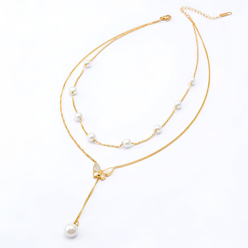 Gold Plated Anti Tarnish Stainless Steel Butterfly Themed Pearl Studded Pendant