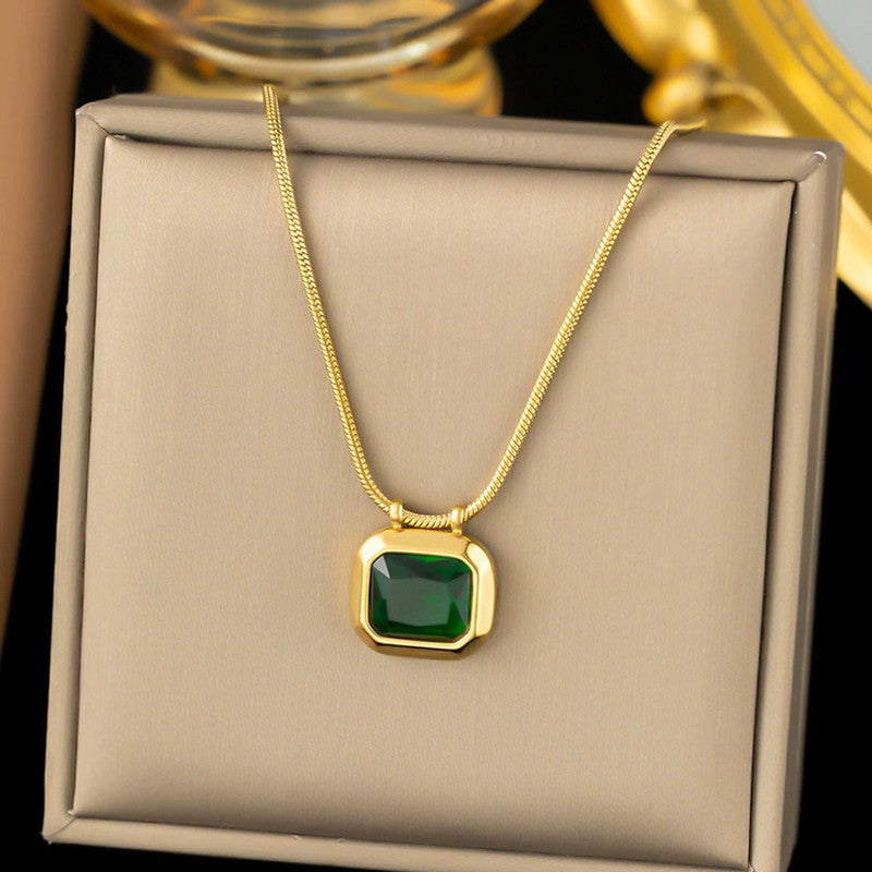 Gold Plated Anti Tarnish Stainless Steel Green CZ studded Geometric Rectangular Pendant