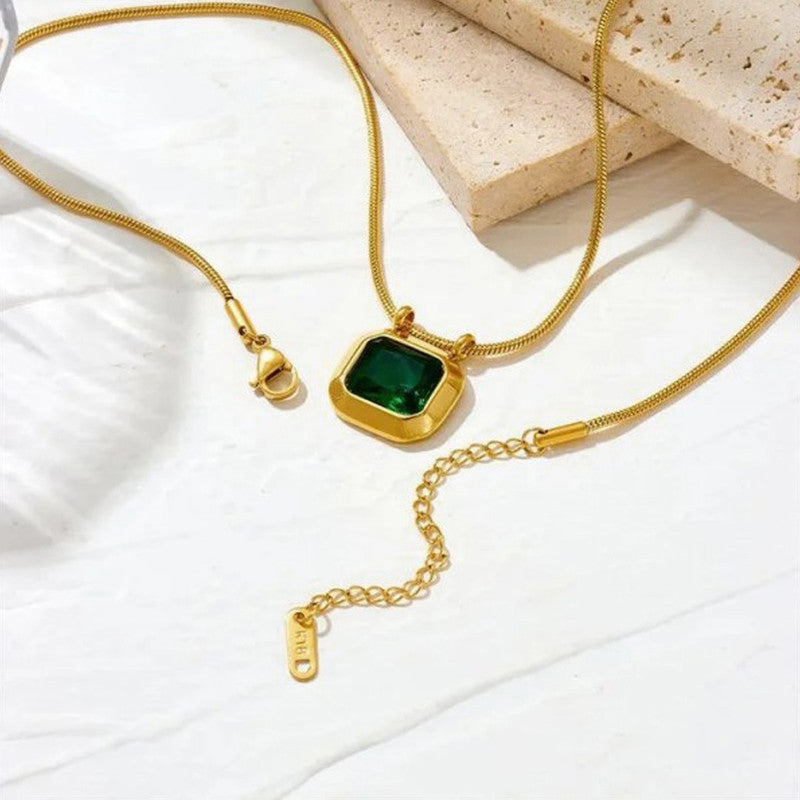Gold Plated Anti Tarnish Stainless Steel Green CZ studded Geometric Rectangular Pendant