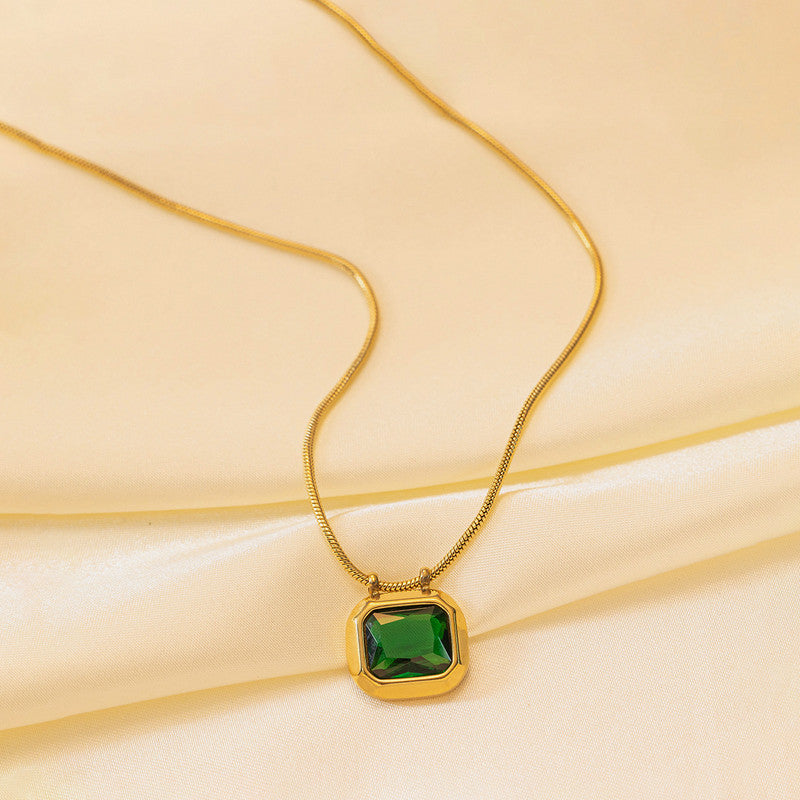 Gold Plated Anti Tarnish Stainless Steel Green CZ studded Geometric Rectangular Pendant