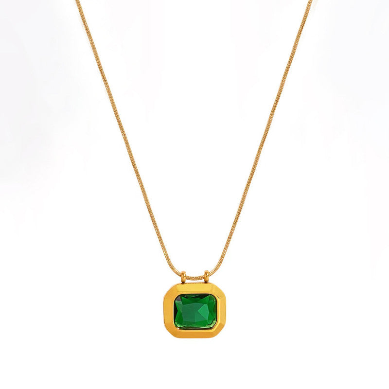 Gold Plated Anti Tarnish Stainless Steel Green CZ studded Geometric Rectangular Pendant