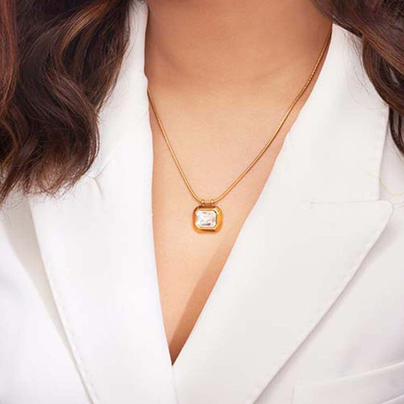 Gold Plated Anti Tarnish Stainless Steel White CZ studded Geometric Rectangular Pendant