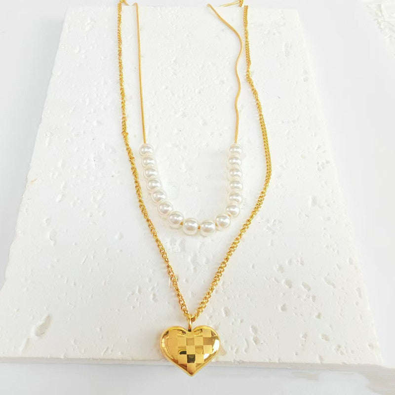 Gold Plated Anti Tarnish Stainless Steel Heart Themed Pearl Studded Pendant