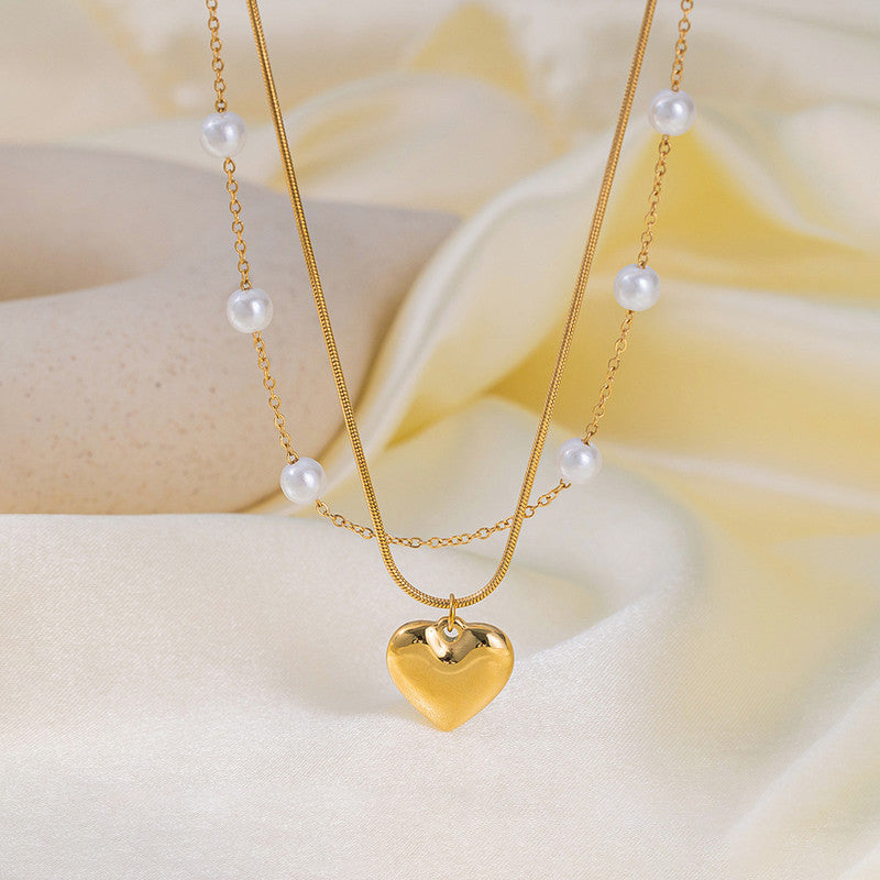 Gold Plated Anti Tarnish Stainless Steel Heart Themed Pearl Studded Pendant