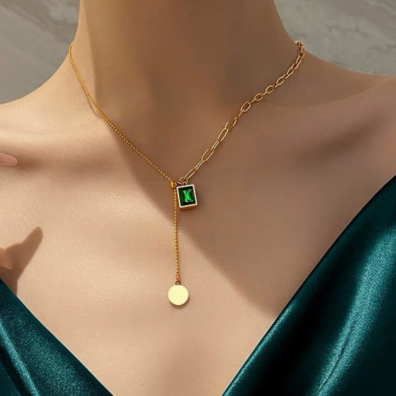 Gold Plated Anti Tarnish Stainless Steel Geometric Green Pendant Necklace
