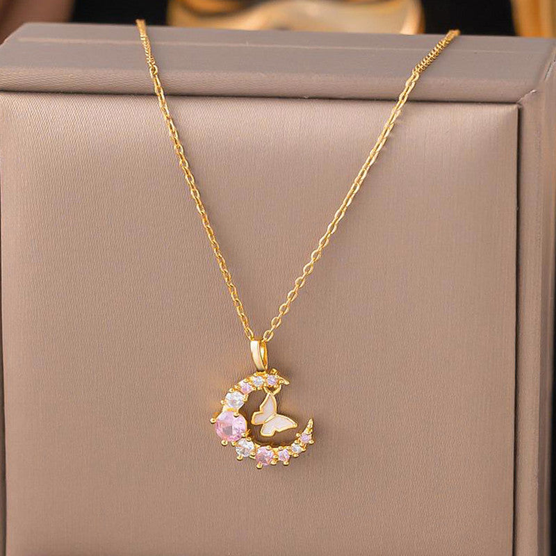 Gold Plated Anti Tarnish Stainless Steel Butterfly-Moon Themed Pendant