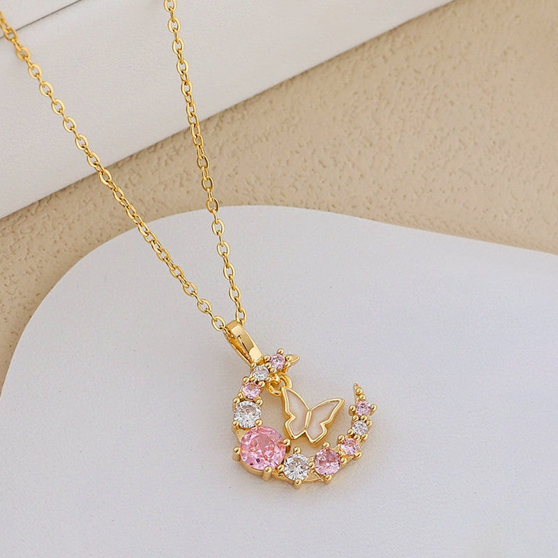 Gold Plated Anti Tarnish Stainless Steel Butterfly-Moon Themed Pendant