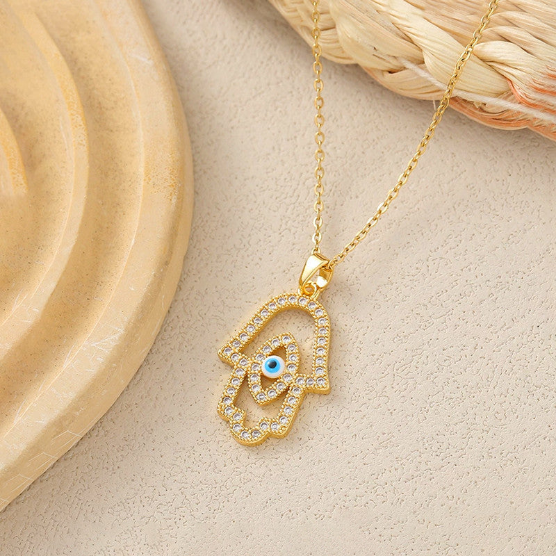 Gold Plated Anti Tarnish Stainless Steel Evil Eye Themed Buddha Hand Pendant