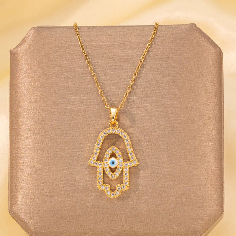 Gold Plated Anti Tarnish Stainless Steel Evil Eye Themed Buddha Hand Pendant