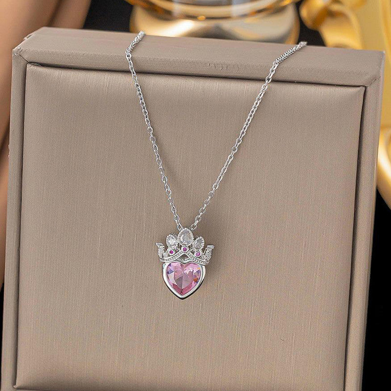 Gold Plated Anti Tarnish Stainless Steel Heart Themed Pink Crown Pendant