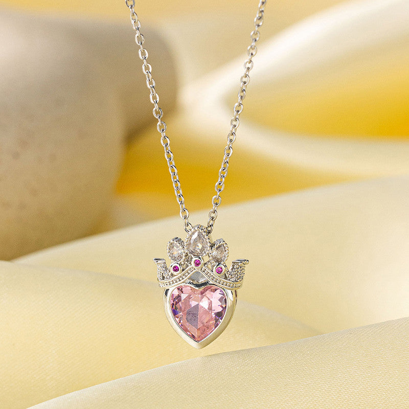 Gold Plated Anti Tarnish Stainless Steel Heart Themed Pink Crown Pendant
