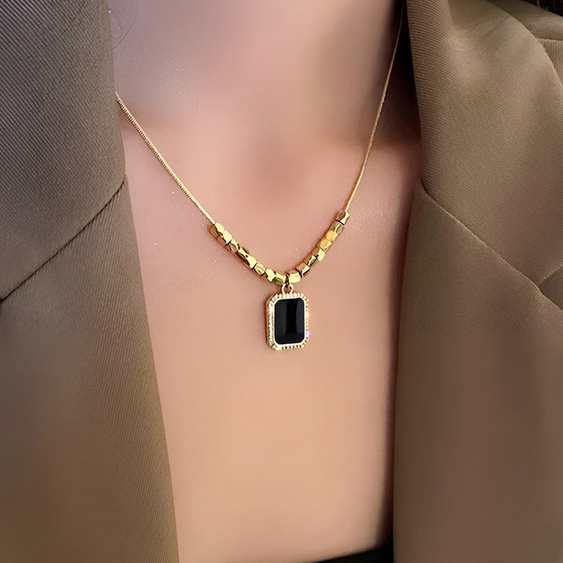 Gold Plated Stainless Steel Black Rectangular Pendant