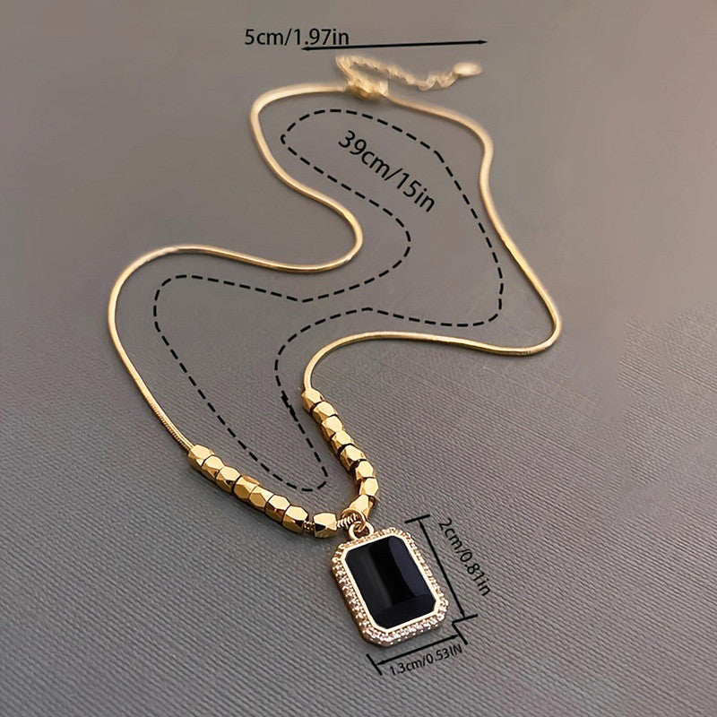 Gold Plated Stainless Steel Black Rectangular Pendant
