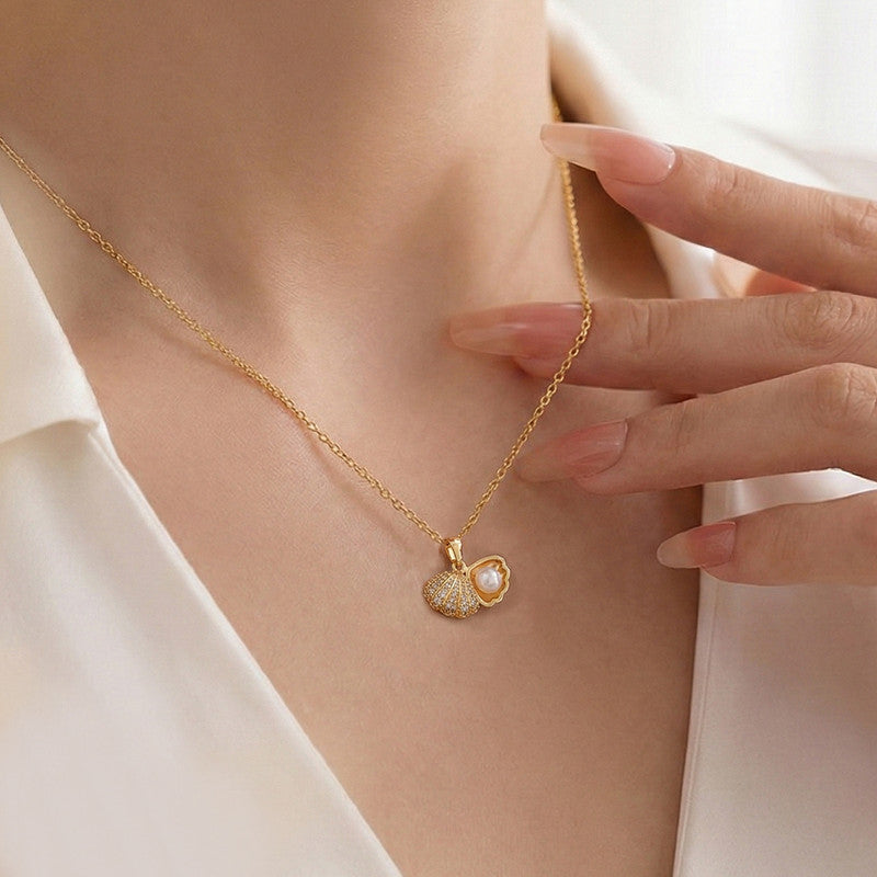 Gold Plated American Diamond Studded Shell Shaped Pendant