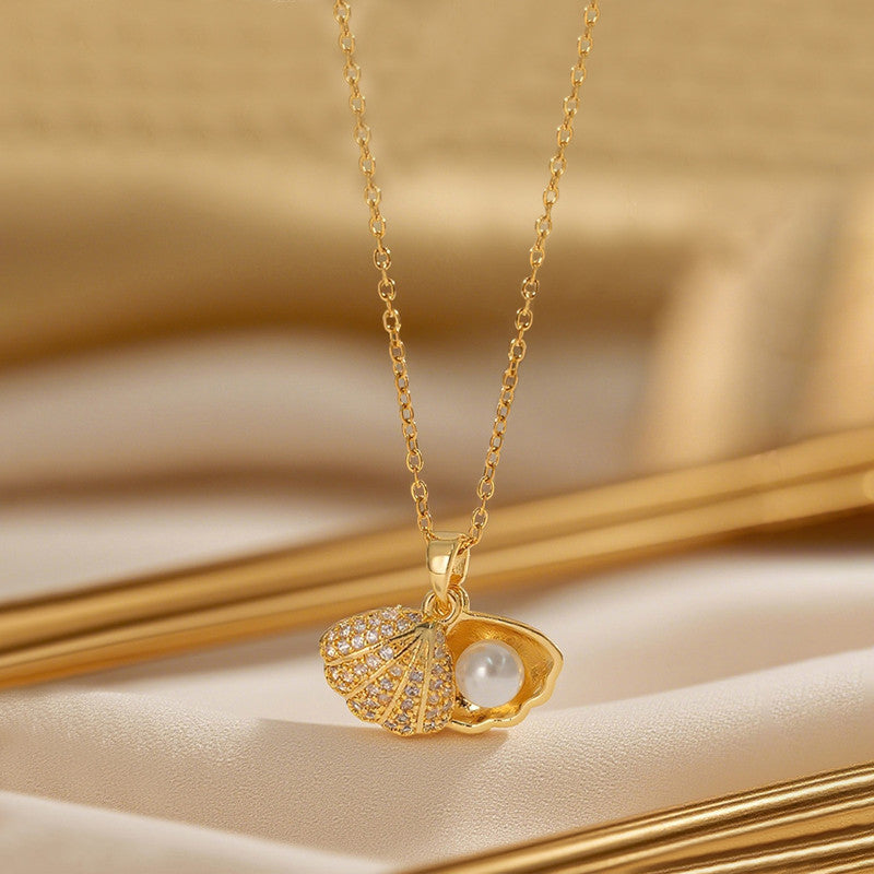 Gold Plated American Diamond Studded Shell Shaped Pendant