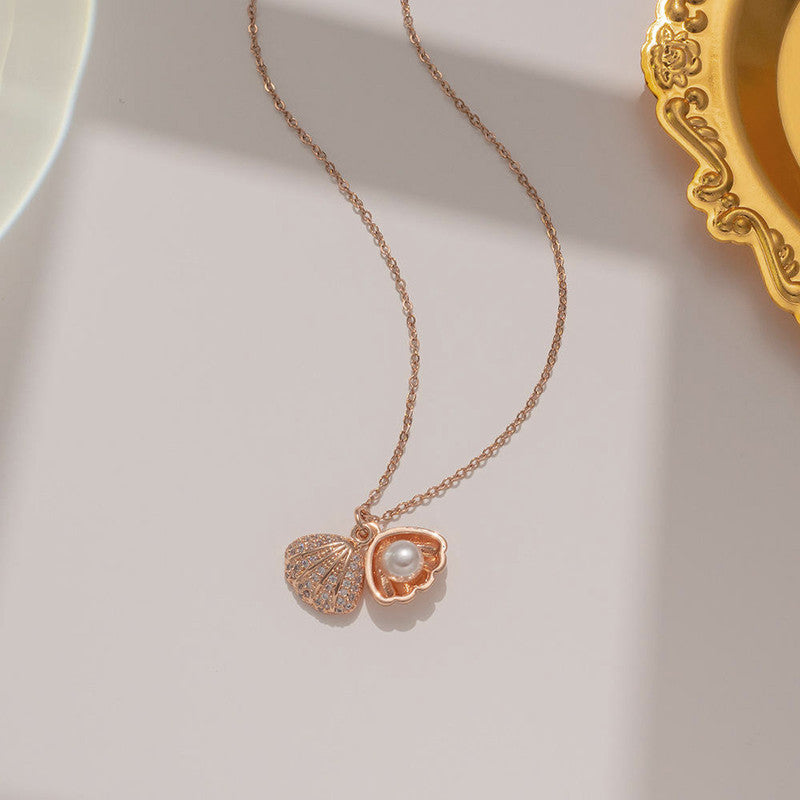 Rose Gold Plated American Diamond Studded Shell Shaped Pendant