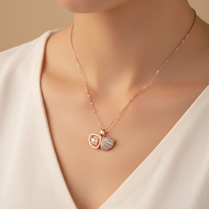 Rose Gold Plated American Diamond Studded Shell Shaped Pendant