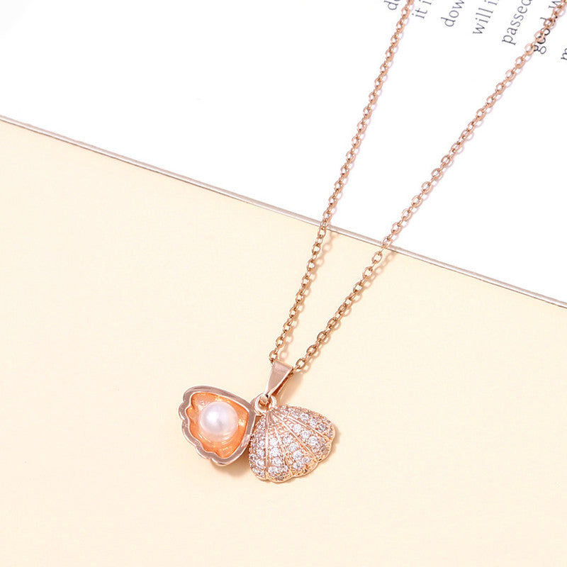 Rose Gold Plated American Diamond Studded Shell Shaped Pendant