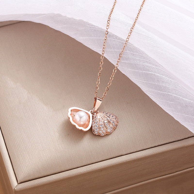 Rose Gold Plated American Diamond Studded Shell Shaped Pendant