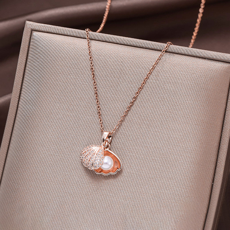 Rose Gold Plated American Diamond Studded Shell Shaped Pendant
