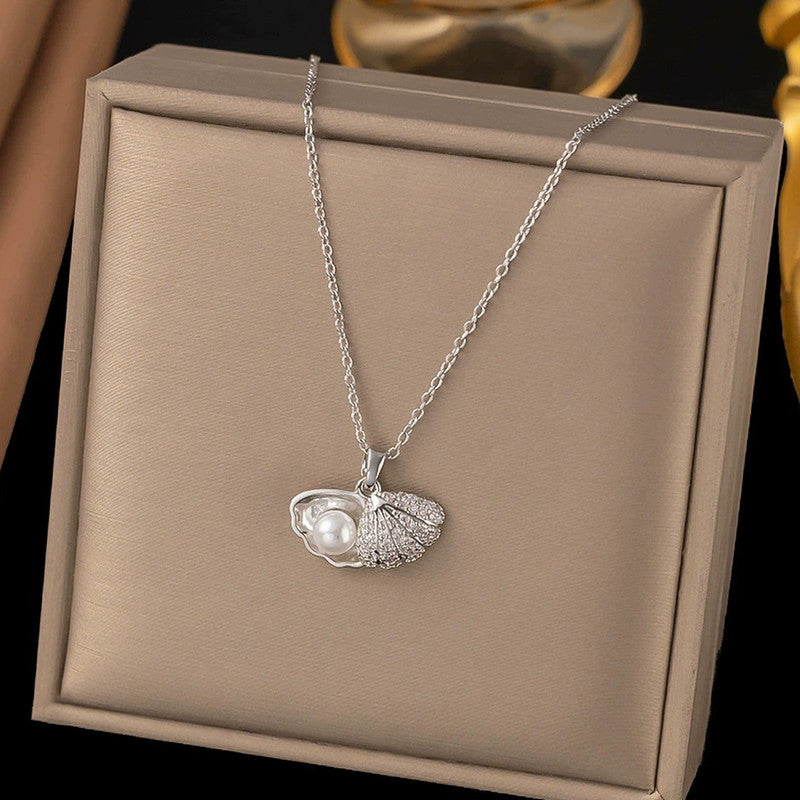 Silver Plated Anti Tarnish American Diamond Studded Shell Shaped Pendant