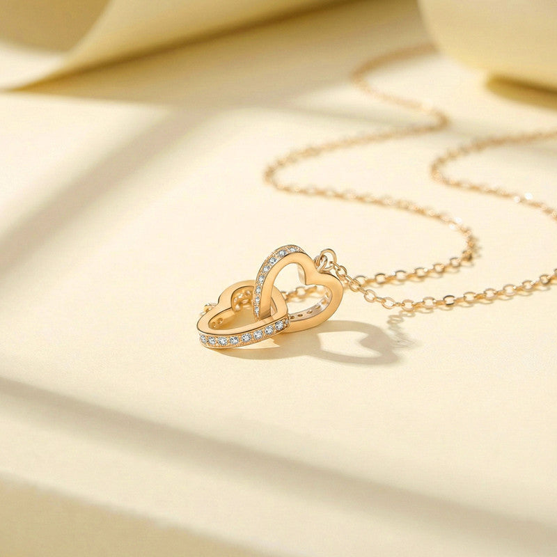 Gold Plated American Diamond Studded Dual Hearts Pendant
