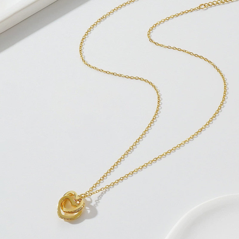 Gold Plated American Diamond Studded Dual Hearts Pendant