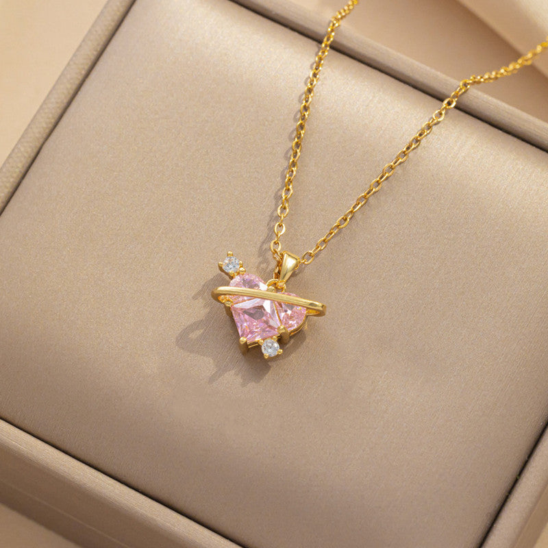 Gold Plated Stainless Steel Crystal Studded Pink Heart Themed Pendant
