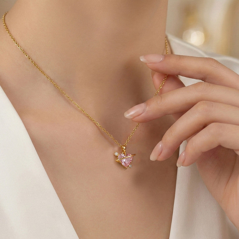 Gold Plated Stainless Steel Crystal Studded Pink Heart Themed Pendant