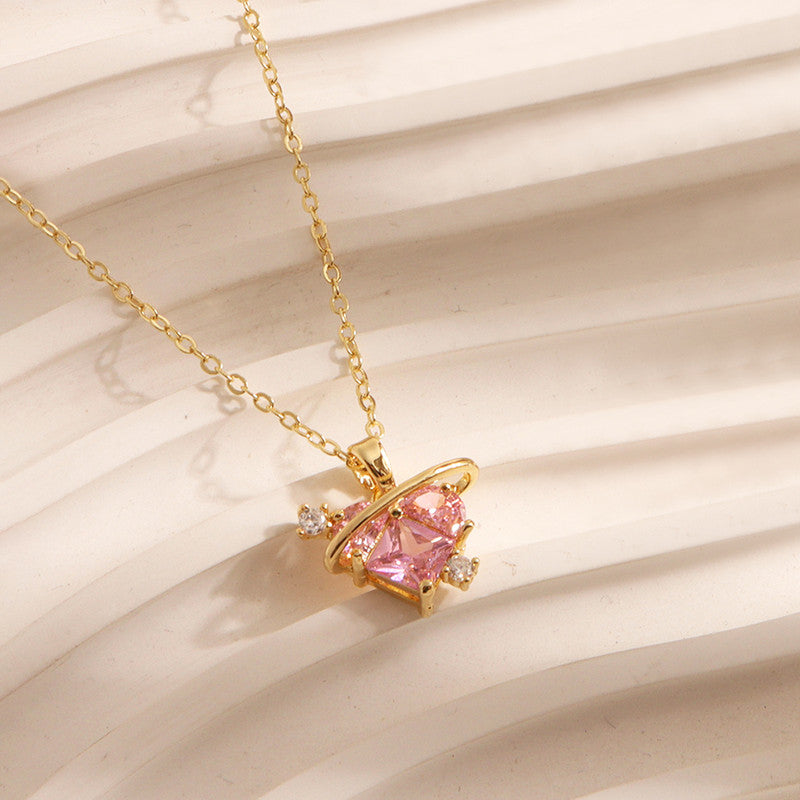 Gold Plated Stainless Steel Crystal Studded Pink Heart Themed Pendant